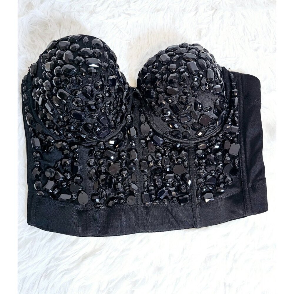 Vintage 1980's Lydia USA Black Gem Embellished Bustier Bra Size M
